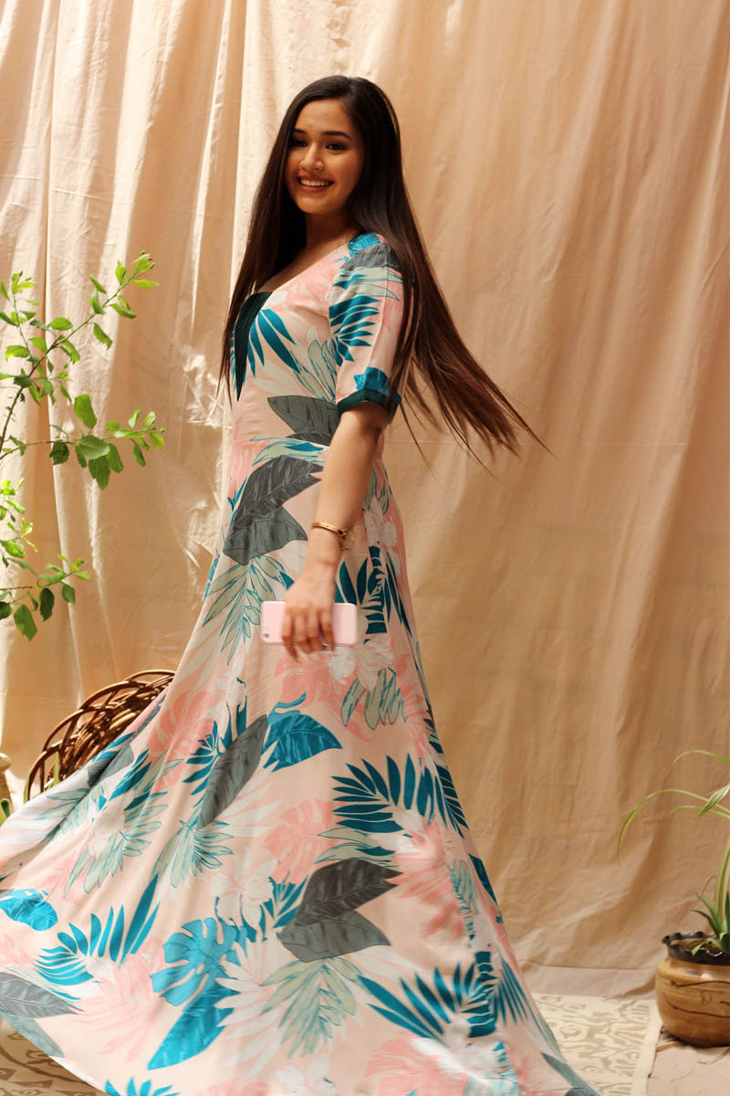 Navy Blue Floral Print Gown For Raksha Bandhan 2023